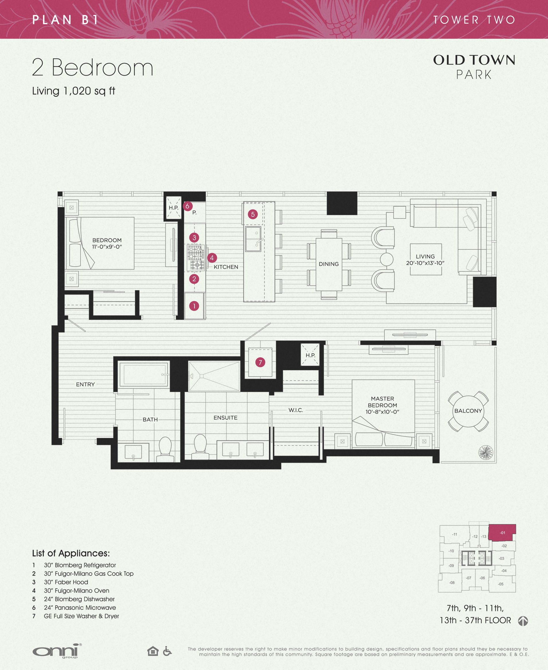 Floor plan for 2 beds, 1 bath, 1020 sqft